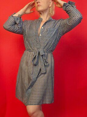 Equipment Femme Shirt Dress Sz L Navy Geometric Print Tie Waist